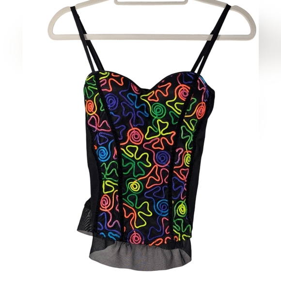 Y2K Body Rage Black Mesh Neon Swirly Abstract Sexy Textured Bustier Top Tank S - Picture 1 of 6
